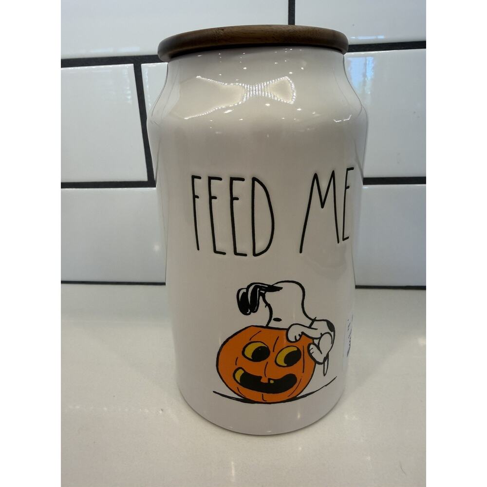 PEANUTS SNOOPY RAE DUNN PET TREAT CANISTER CERAMIC HALLOWEEN "FEED ME" 🎃 NEW!!